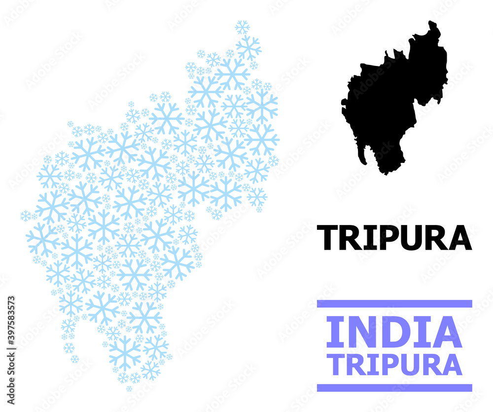 Vector composition map of Tripura State combined for New Year, Christmas celebration, and winter. Mosaic map of Tripura State is shaped of light blue snow elements.