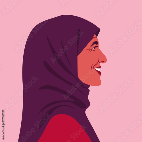 Profile of a happy muslim woman. Side view of an Arab grandmother in headscarf. Avatar of an elderly teacher. Vector flat illustration
