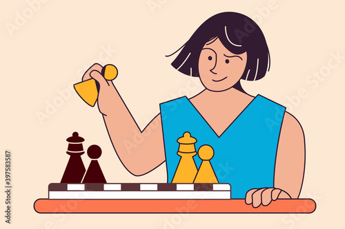 Smart woman chess player holds pawn in hand exposing queen. Royal Gambit. Chess game at table. Vector flat illustration. Banner, posters, web. Girl ponders move for chess mat.