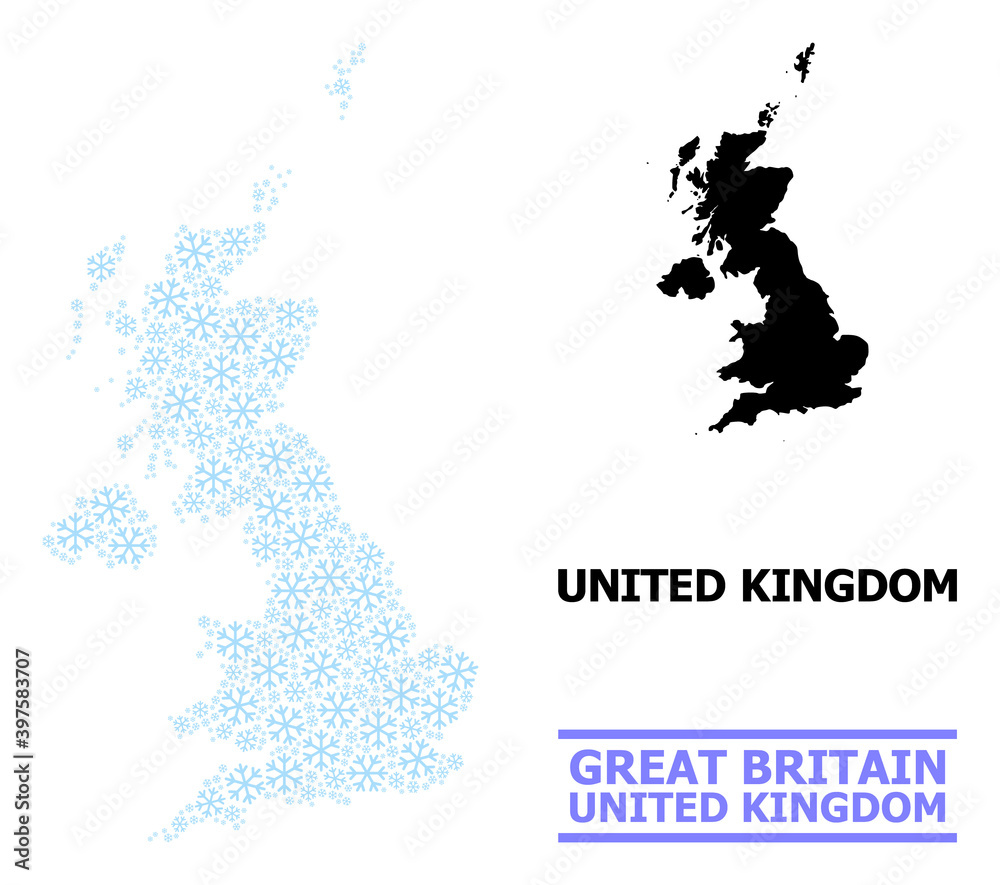 Vector composition map of United Kingdom done for New Year, Christmas celebration, and winter. Mosaic map of United Kingdom is done from light blue snow elements.