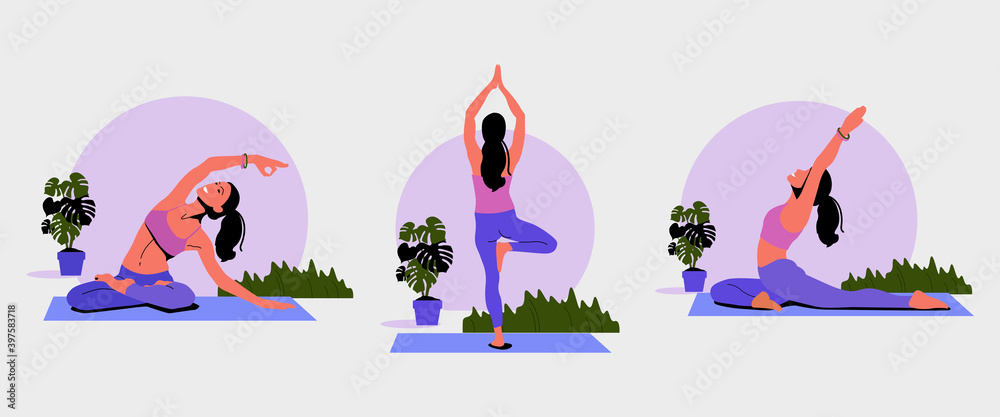 Set of Yoga poses. Woman doing the stretching exercises at home. Pose tree. Meditates, Pilates, Stretching. 
Healthy lifestyle. Physical practice. Vector flat illustration