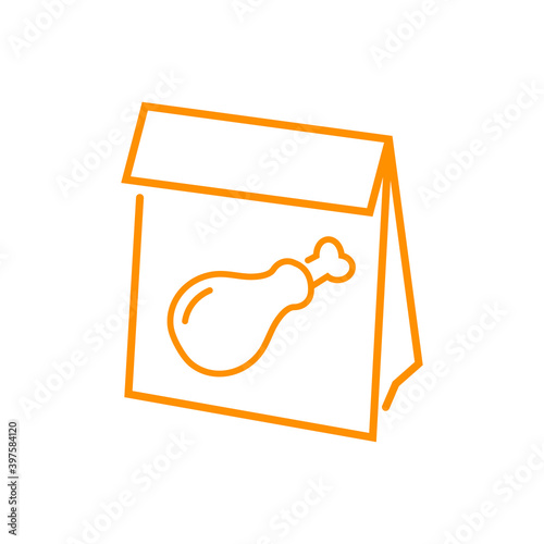 Comida para llevar. Logotipo con muslo de pavo o pollo asado en bolsa de papel con lineas en color naranja