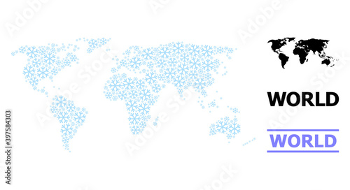 Vector mosaic map of world designed for New Year, Christmas celebration, and winter. Mosaic map of world is designed from light blue snow items. Design template for patriotic and New Year projects.
