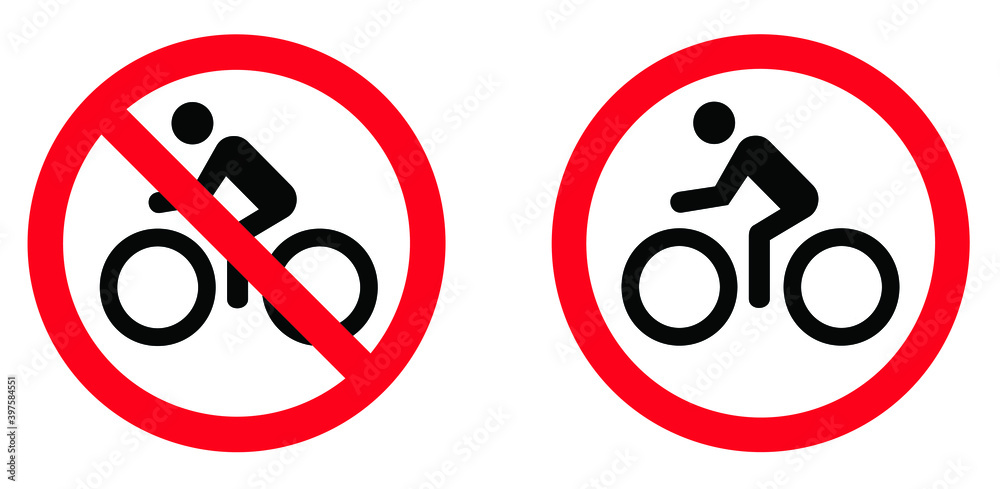 Stop forbidden, no bikes parking, no ban. Forbit, no bicycle sign. Flat  vector pictogram. Bicycles traffic Road Sign, bike road, way, passage  warning sign symbol. Do not enter. Allowed, attention. Stock Vector