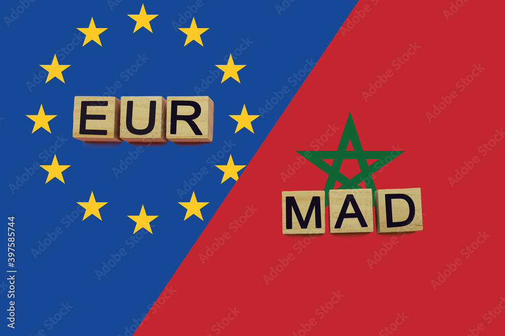 United Europe and Morocco currencies codes on national flags background United Europe and Morocco currencies codes on national flags background