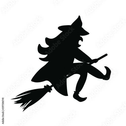 Witch silhouette, flying on the broom stick. Old ugly female with big nose is sitting on the broom. Flat hand drawn character for Halloween, fantasy, witchcraft, befana day. Vector isolated on white