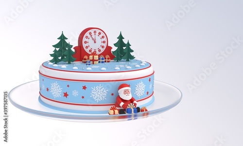 Cake with clock, Santa Claus, Christmas trees, gift boxes, idea for New Year, Christmas banner, greeting card, design element. Last 6 minutes before 12 o'clock. 3D rendering