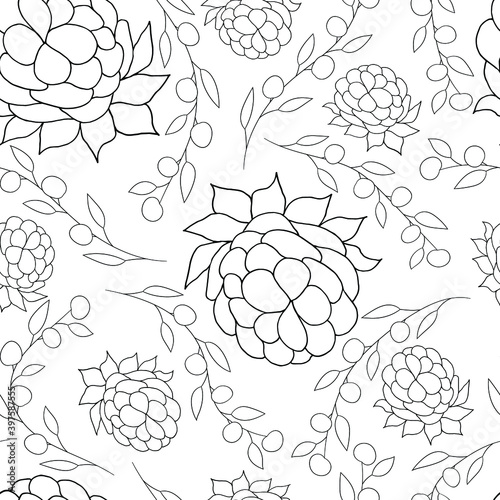 Berries on a white background. Vector outlines seamless pattern. Design for cloth, print, wrapping.
