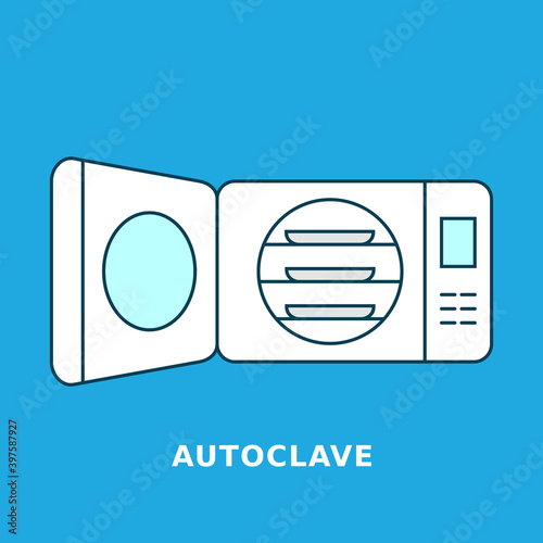 Autoclave sterilization machine. Steam sterilizer with open door. Decontamination device destroying microorganisms. Coronavirus prevention. Blue background. Vector illustration, flat, clip art.