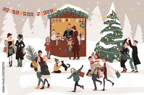 Christmas market. Joyful people, adults and children, walk, buy Christmas trees, gifts at the kiosk, drink mulled wine, dance, have fun and run, make wishes. Cartoon, vector illustration.