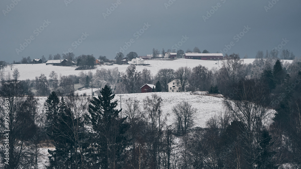 landscape with snow and farms landscape with snow and farms