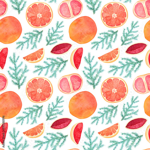 Watercolor seamless pattern with oranges and fir branches on a white background. 