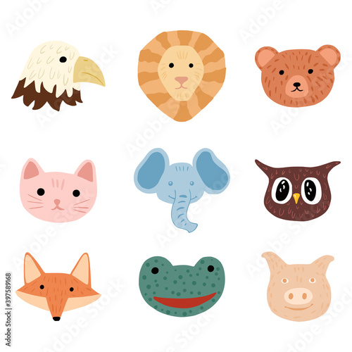 Set face character animals on white background. Abstract head lion  eagle  bear  cat  elephant  fox  frog and pig in doodle style.