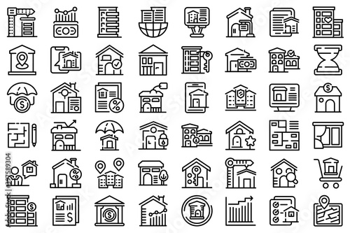 Property investments icons set. Outline set of property investments vector icons for web design isolated on white background