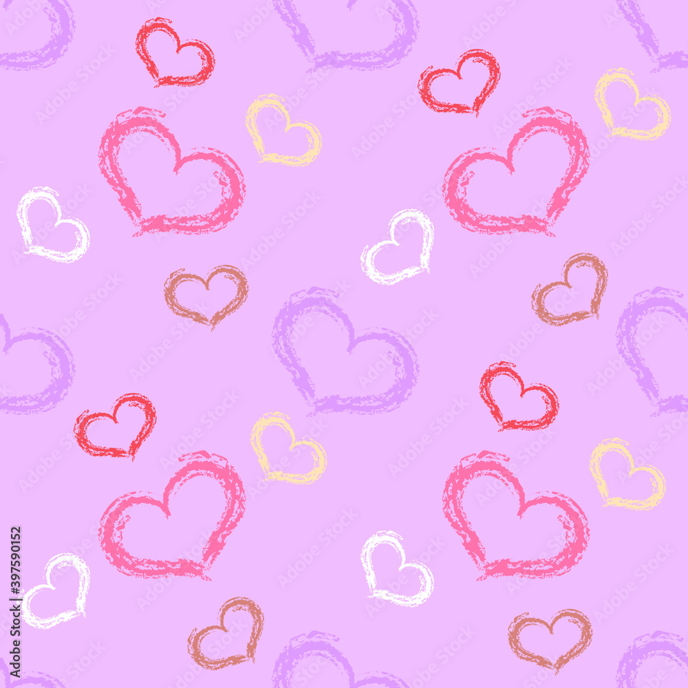 Drawn textured brush strokes of the heart on a pink background. Seamless texture