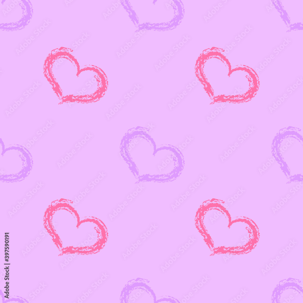 Drawn textured brush strokes of the heart on a pink background. Seamless texture