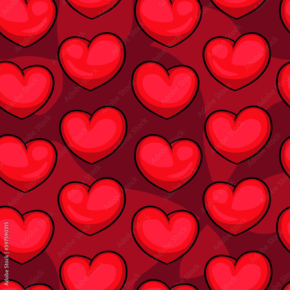 Red volumetric hearts on a non-uniform dark red background. Seamless texture