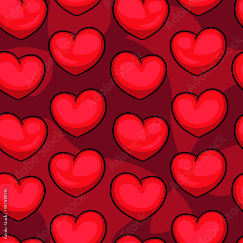 Red volumetric hearts on a non-uniform dark red background. Seamless texture