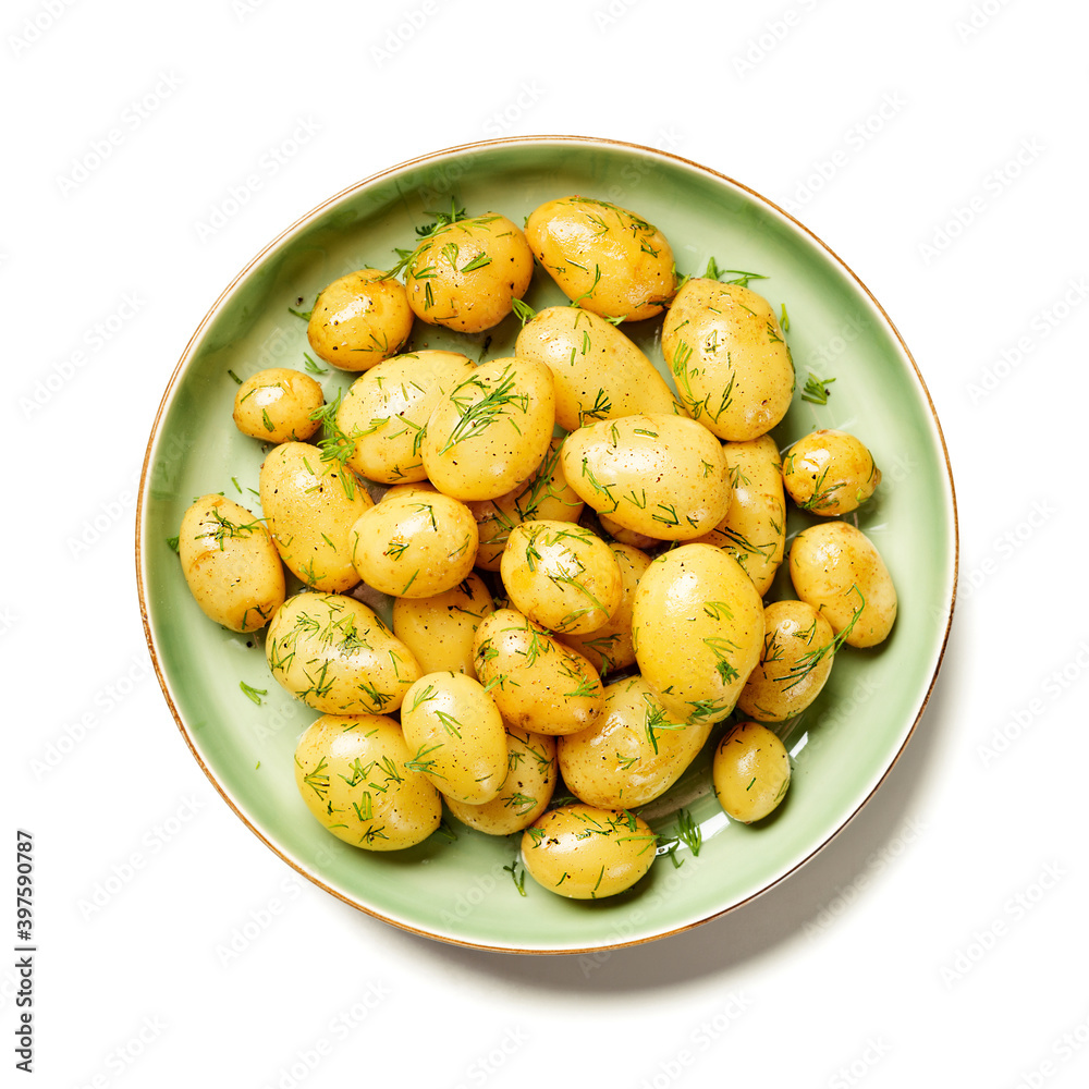 Fresh boiled new potatoes with fresh dill isolated on white background Fresh boiled new potatoes with fresh dill isolated on white background
