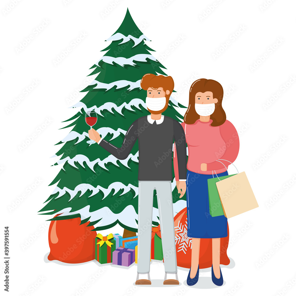 Lovely couple character hold wine glass, xmas fir tree with gift box, merry christmas souvenir bag cartoon vector illustration, isolated on white. Lovely couple character hold wine glass, xmas fir tree with gift box, merry christmas souvenir bag cartoon vector illustration, isolated on white.