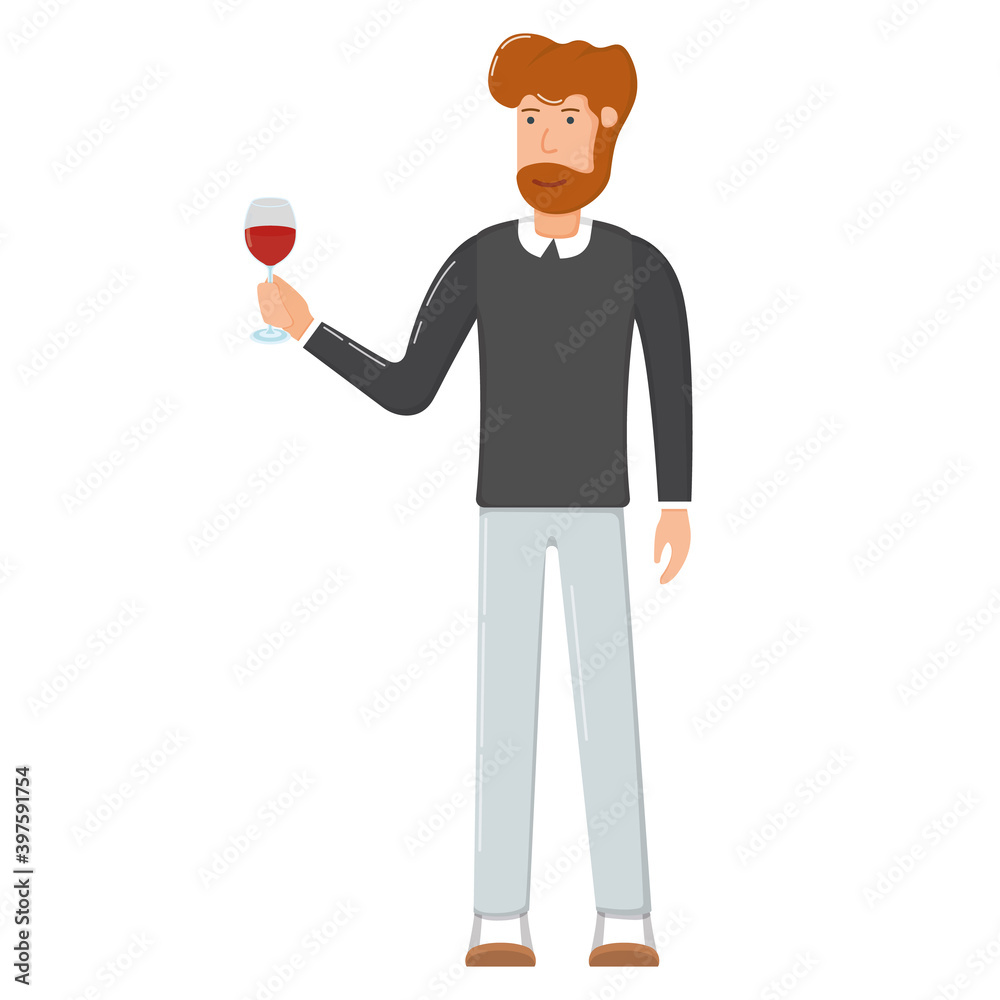 Happy cheerful male character hold wine glass, holiday winter celebration solemn toast cartoon vector illustration, isolated on white. Happy cheerful male character hold wine glass, holiday winter celebration solemn toast cartoon vector illustration, isolated on white.