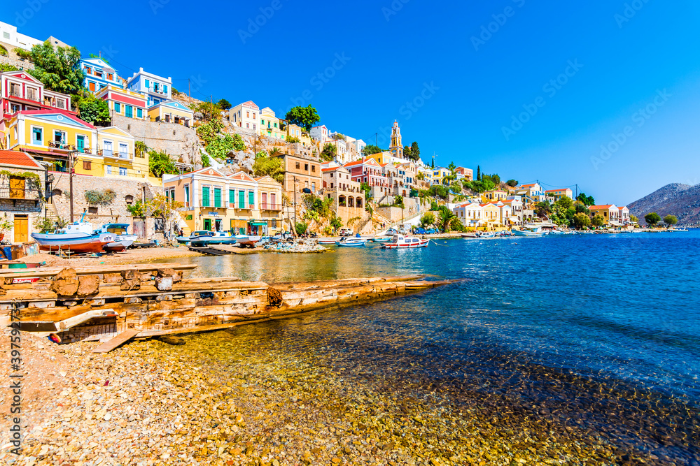 Symi Island harbour view in Greece.
