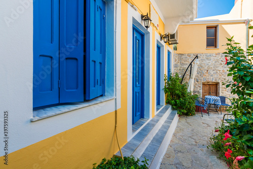 Colorful street view of Symi Island in Greece