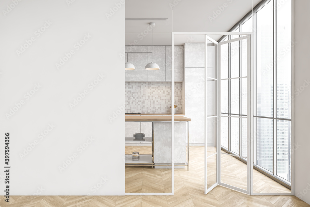 Marble kitchen interior with cupboards and mock up wall Marble kitchen interior with cupboards and mock up wall