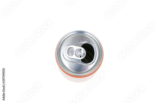 Open pink tin can isolated on white background.