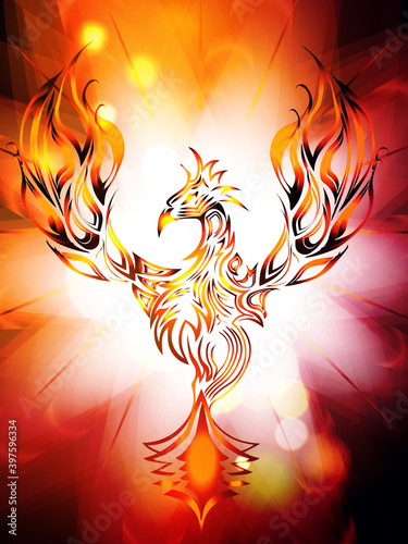 Illustration of rising Phoenix against red dark background as symbol of rebirth. Elements are layered separately in vector file. Vintage, card, save date.