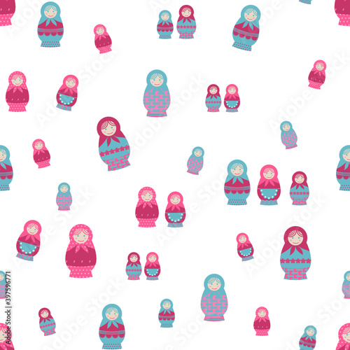 Cute seamless pattern design of matryoshka dolls in sweet pink color. Suitable for wrapping paper, wallpaper, fabric, backdrop and etc.