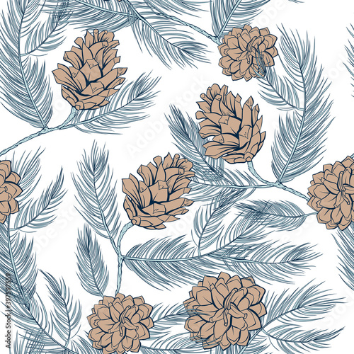 Cones pattern of fir or pine branches, seamless background, vector green tree branch spruces decoration. Pine cones pattern in pastel color, wallpaper and textile seamless print vintage. White