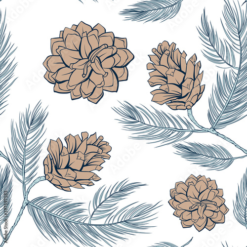 Cones pattern of fir or pine, seamless background, vector green tree branch spruces decoration. Pine cones pattern in pastel color, wallpaper and textile seamless print vintage. White background