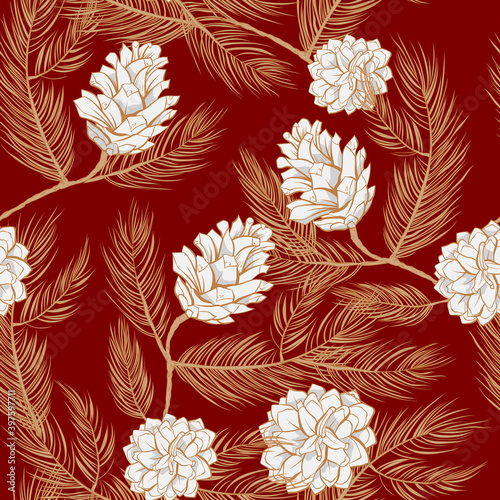 Fir cones pattern background and pinecone seamless vector design. Pine tree branches, spruces and cones pattern, white on brown background, illustration print for textile or wallpaper tile