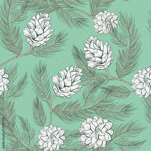 Cones pattern of fir or pine, seamless background, vector green tree branch spruces decoration. Pine cones pattern in pastel color, tile, wallpaper and textile seamless print vintage or trendy design