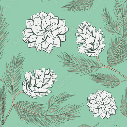 Cones pattern of fir or pine, seamless background, vector green tree branch spruces decoration. Pine cones pattern in pastel color, tile, wallpaper and textile seamless print vintage or trendy design