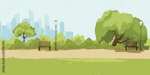 Abstract landscape -- park in the big city. Vector illustration, background with trees and high buildings.