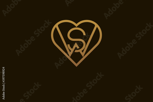 Abstract initials S and W logo, gold colour line style heart and letter combination, usable for brand, card and invitation, logo design template element,vector illustration