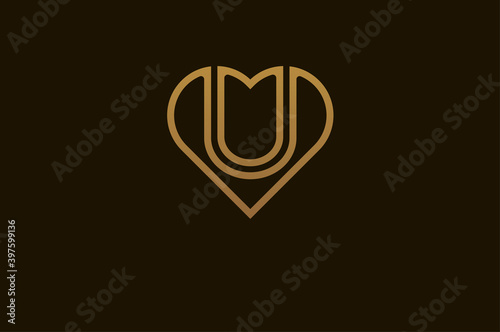 Abstract initials M and U logo, gold colour line style heart and letter combination, usable for brand, card and invitation, logo design template element,vector illustration