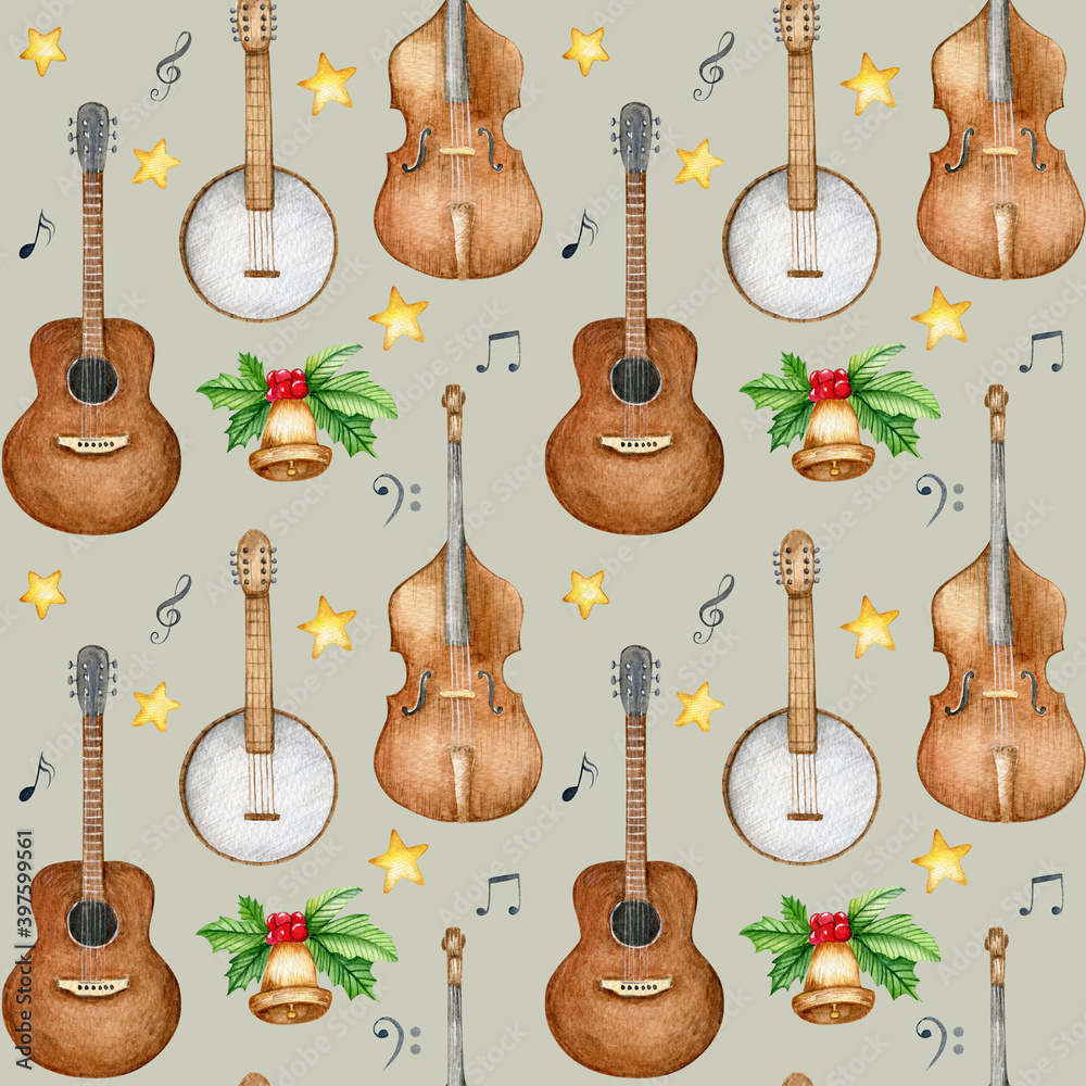 Naklejka premium Watercolor christmas seamless pattern with music instruments. Guitar, banjo, cello on beige background. 