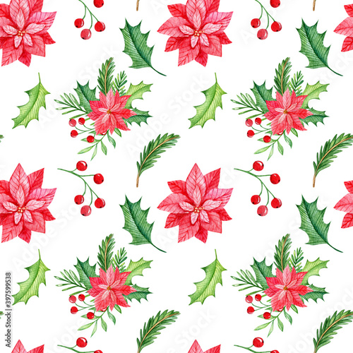 Watercolor christmas seamless pattern with winter florals. Red poinsettia flowers and berries on white background. 