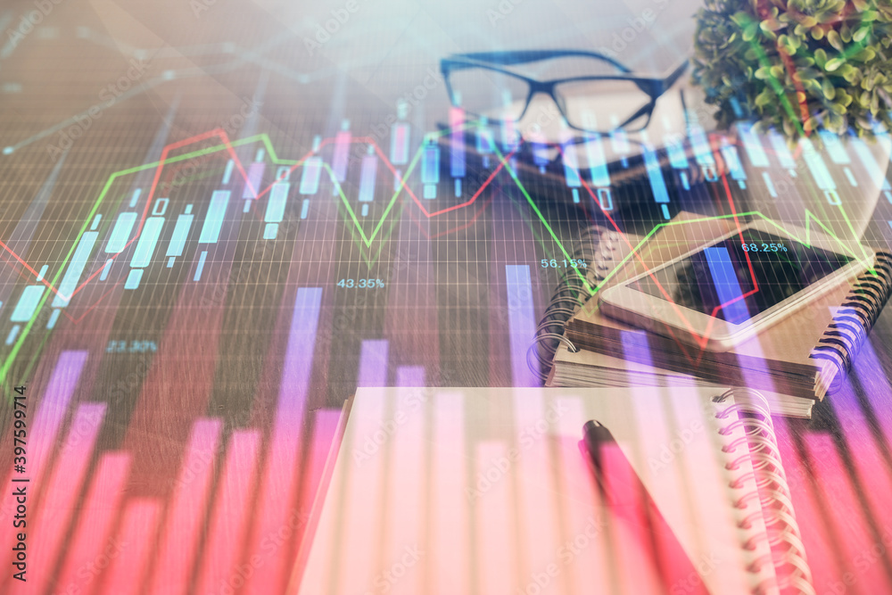 Double exposure of forex chart drawing and cell phone background. Concept of financial trading Double exposure of forex chart drawing and cell phone background. Concept of financial trading