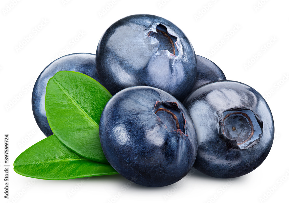 Obraz premium Blueberry with leaves isolated on white background