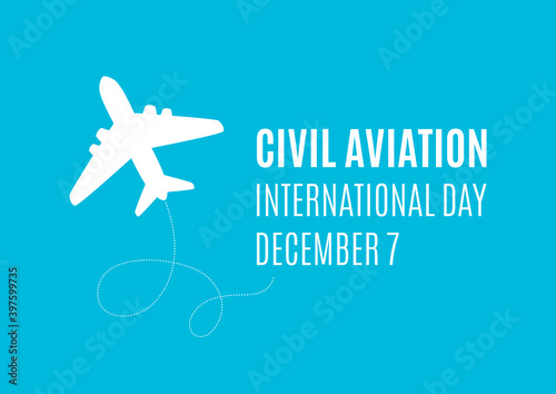 International Civil Aviation Day vector. Airplane white silhouette icon isolated on a blue background. Silhouette aircraft icon vector. Civil Aviation Day Poster, December 7. Important day