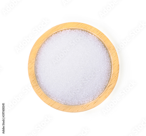 Sugar in wooden bowl isolated on white background