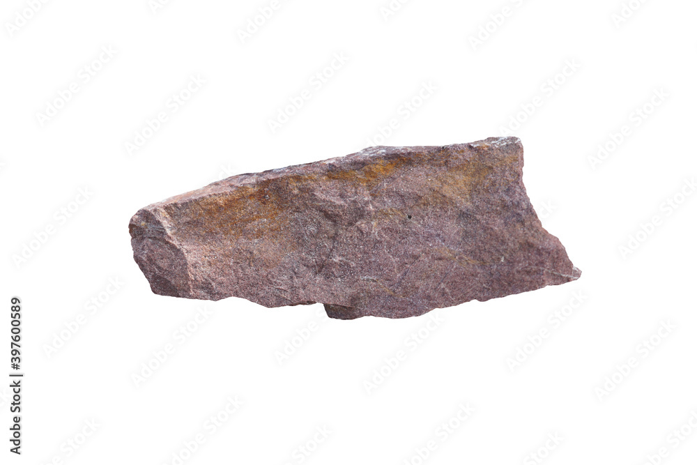 A piece of raw pink arkosic sandstone sedimentary rock isolated on white background. 