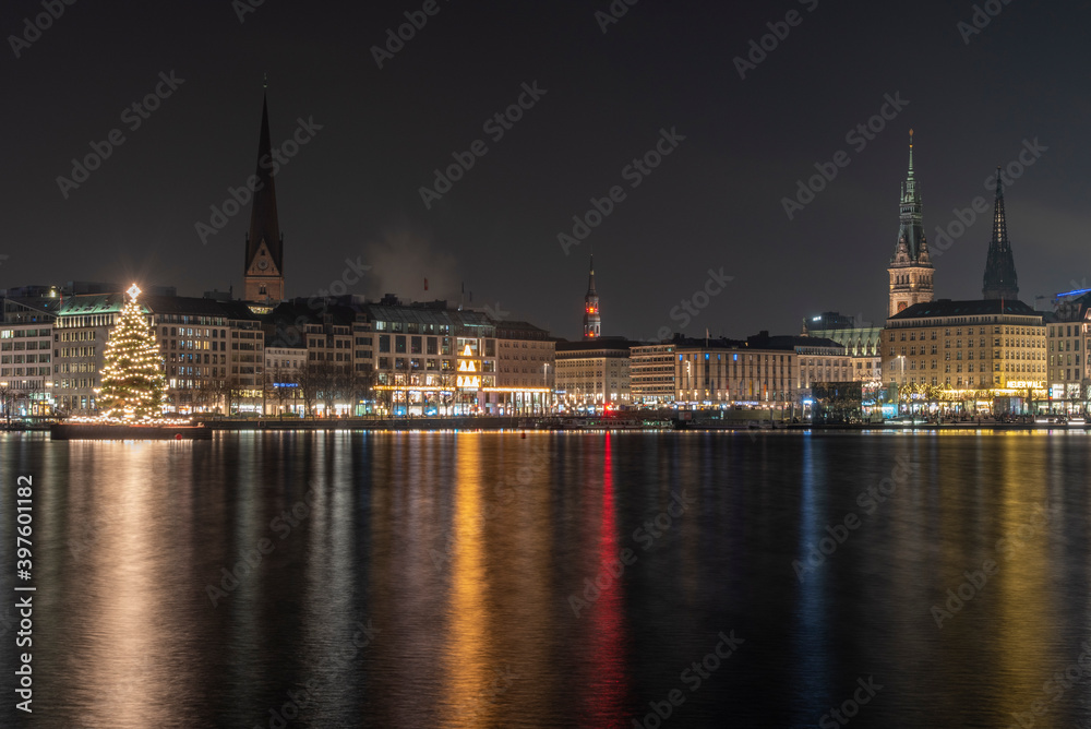 Hamburg, panoramic view over the Alster lake to the city center at Christmas time