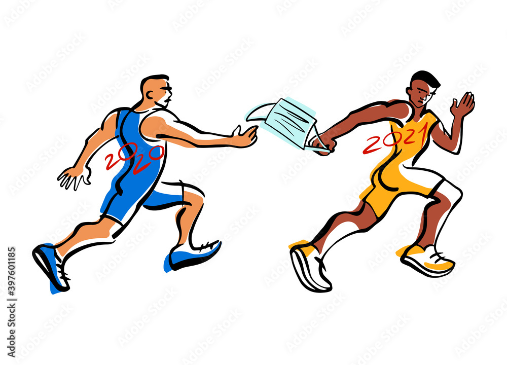 Obraz premium Athletes pass the mask, relay race. The 2020 year and 2021, humorous hand drawn illustration. Protect from Coronavirus concept.
