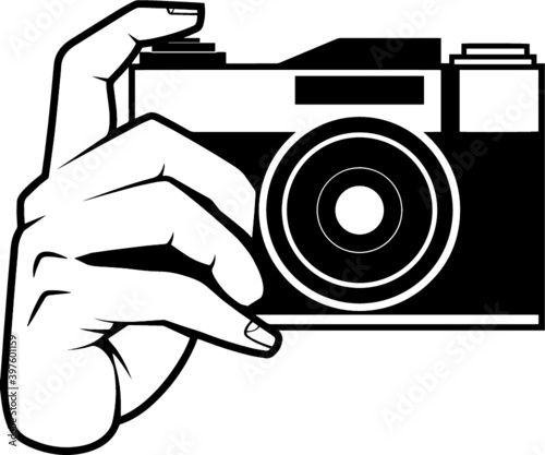 Black Silhouette Old Fashion Still Image retro Camera hold by hand pressing the button vector graphic design