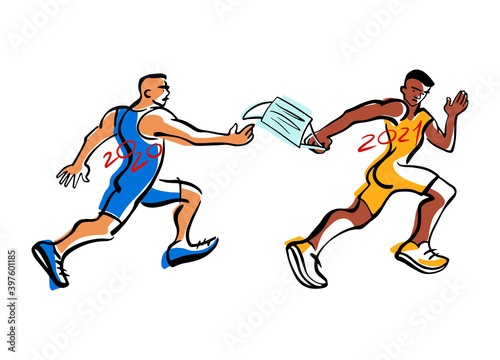 Athletes pass the mask, relay race. The 2020 year and 2021, humorous hand drawn illustration. Protect from Coronavirus concept.